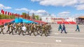 a large military band at the rehearsal of the Victory Day parade on Kuybyshev Square