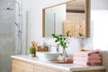 Large mirror over vessel sink in bathroom Royalty Free Stock Photo