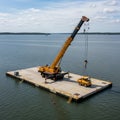 Mobile crane operates on a floating platform in the middle of Royalty Free Stock Photo