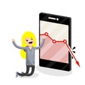 Large mobile phone with falling red business graph. Sad young blogger girl on knees. decrease in views and subscribers Royalty Free Stock Photo