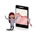 Large mobile phone with falling red business graph. Sad young blogger Royalty Free Stock Photo
