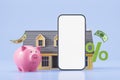 Large mock up smartphone screen with piggy bank and house, mortgage and sale