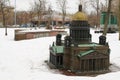 St. Petersburg, Russia, March 10, 2019. Large model of St. Isaac`s Cathedral on the snow-covered site.