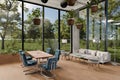 large modern contemporary loft with couch and dining table and indoor plants vertical garden panoramic view rural landscape Royalty Free Stock Photo