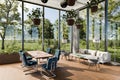 large modern contemporary loft with couch and dining table and indoor plants vertical garden panoramic view rural landscape Royalty Free Stock Photo