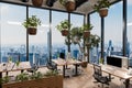 large modern contemporary office with pc workspaces and indoor plants vertical garden panoramic view rural landscape