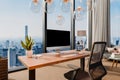large modern contemporary office with pc workspaces and indoor plants vertical garden panoramic view rural landscape