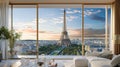 A large, modern living room with a large window overlooking the Eiffel Tower in Paris Royalty Free Stock Photo