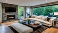 Large modern luxury living room interior in Bellevue home. Royalty Free Stock Photo