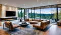 Large modern luxury living room interior in Bellevue home. Royalty Free Stock Photo