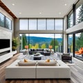 Large modern luxury living room interior in Bellevue home. Royalty Free Stock Photo