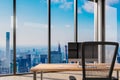 Large modern office with desk and workspace facing panoramic skyline view; career management concept; 3D Illustration