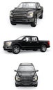 A large modern pickup truck with a double cab, glowing headlights on a white uniform background. 3d rendering.