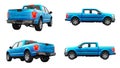 A large modern pickup truck with a double cab, glowing headlights on a white uniform background. 3d rendering.