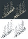 Large modern sailing ship isometric drawings with the sails down