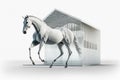 large modern stable with dancing horse isolated on white background Royalty Free Stock Photo