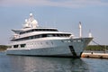 Large modern white yacht anchored in harbor Royalty Free Stock Photo