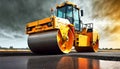 Large Modern Yellow Road Roller or Steamroller on a New Asphalt Road - Generative Ai