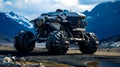 Large monster truck driving down road next to snow covered mountain. Generative AI Royalty Free Stock Photo