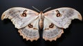 A large moth with orange and black wings on a dark background, AI