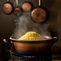 Steaming hot couscous cooking in a rustic clay pot over an open flame Royalty Free Stock Photo