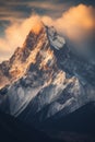 A large mountain covered in snow under a cloudy sky. Generative AI image. Royalty Free Stock Photo