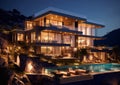 Large mountain hill luxury villa house with swimming pool for night party.AI Generative Royalty Free Stock Photo