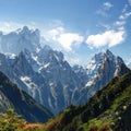 Large mountains with forest clearings into which clouds crash