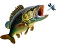 A large mouth bass leaps for a dragonfly Royalty Free Stock Photo