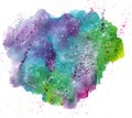 A large multicolored watercolor spot, with purple splashes on top, on a white background. Abstract watercolor texture.