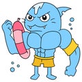 Large muscular sea fish carry tires as coast guards. doodle icon image kawaii