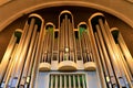 Large musical organ with organ pipes in Christian church. Musical instrument, Church service, concert