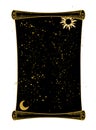 Large mystical scroll with sun and moon. Astrological heavenly card for text, tarot template, mystical night sky