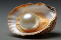 Large natural pearl in a gorgeous, iridescent shell on a simple, neutral background