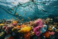 Large Net on Top of Coral Reef, Underwater view of a colorful coral reef teeming with life, disrupted by a fishing net, AI Royalty Free Stock Photo