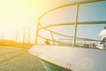 Large New Beautiful Yacht Moored in Dock at Mediterranean Sea. Latral Side View of Boat Bow Nose. Bright Golden Sunlight Flare Royalty Free Stock Photo