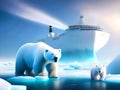 A large nuclear icebreaker breaks ice floes on the Arctic Ocean