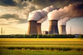 Large nuclear power plant with cooling towers emitting steam, producing energy in a rural landscape Royalty Free Stock Photo