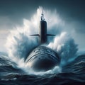 A large nuclear submarine breaks through raging waves of the sea