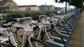 A large number of bicycles for rent in the street of Copenhagen