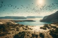 A large number of birds flying on lake