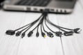 A large number of different connectors for connecting various gadgets via USB port to a laptop or computer. The concept of Royalty Free Stock Photo
