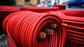 Large number of electric and high-speed Internet Network cables in red corrugated pipe on the street covered with