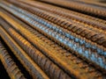 A large number of fittings. Rusty iron rods for construction. Strengthening of concrete structures