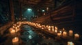 a large number of lit candles in front of a boat in a dark room with a wooden floor and a long row of boats in the background Royalty Free Stock Photo