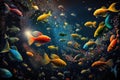 large number of small bright aquarium fish in space