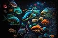 large number of small bright aquarium fish in space