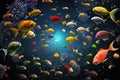 large number of small bright aquarium fish in space