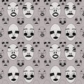 a large number of strange unreal faces with different facial expressions and emotions in a row on a beige background. modern