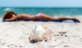 ocean shell on the sand against the background of a tanning girl in a colorful swimsuit on the beach Royalty Free Stock Photo